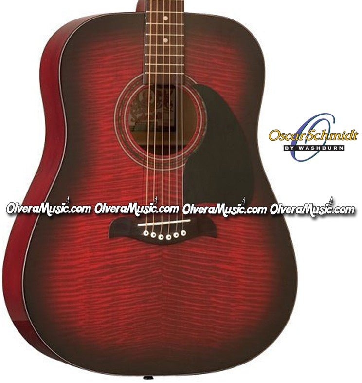 OSCAR SCHMIDT by Washburn Dreadnought Acoustic Guitar - Flame Black Cherry