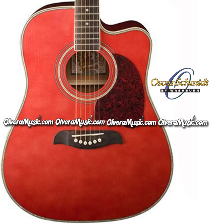 OSCAR SCHMIDT by Washburn Dreadnought Acoustic-Electric Guitar - Trans Red