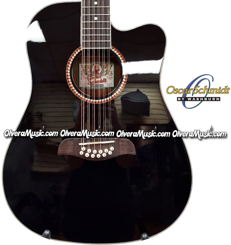 OSCAR SCHMIDT by Washburn Dreadnought A/E 12-String Cutaway Guitar - Black